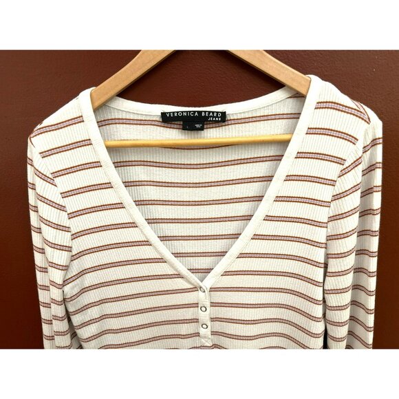 Veronica Beard Jeans Women's White Red Tal Stripe Henley Top Size Large Casual - Picture 3 of 7